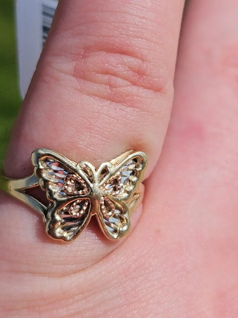 10K Tri Color 3 Tone Gold Butterfly Filigree Cocktail Ring 20x11mm Size 6.25